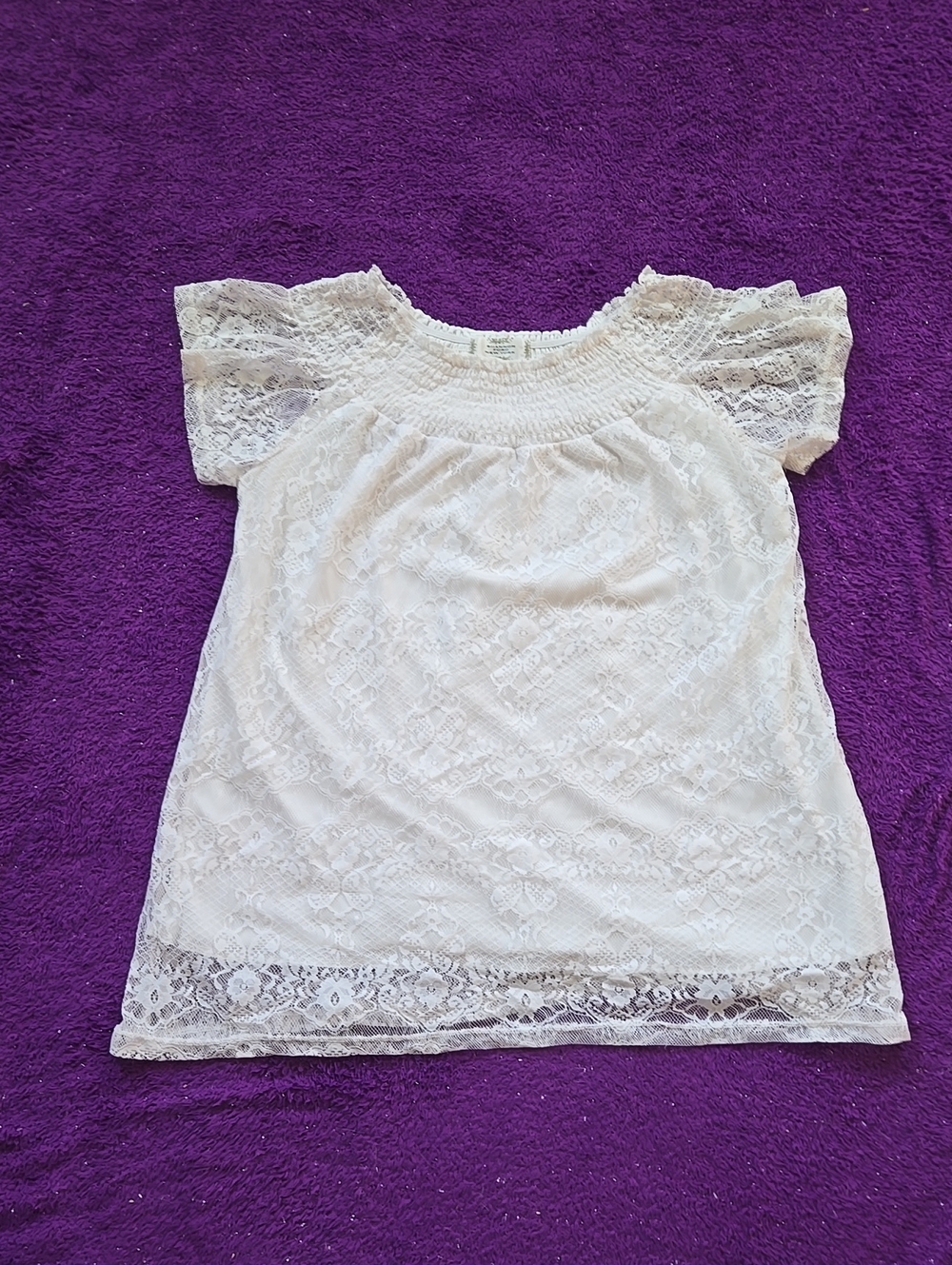 White Lace Smocked Neck Flutter Sleeve Blouse